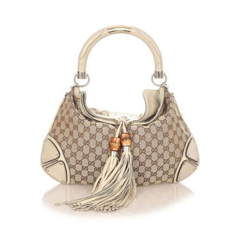 gucci 185566|Gucci Brown Bamboo GG Canvas Indy Satchel White Beige.